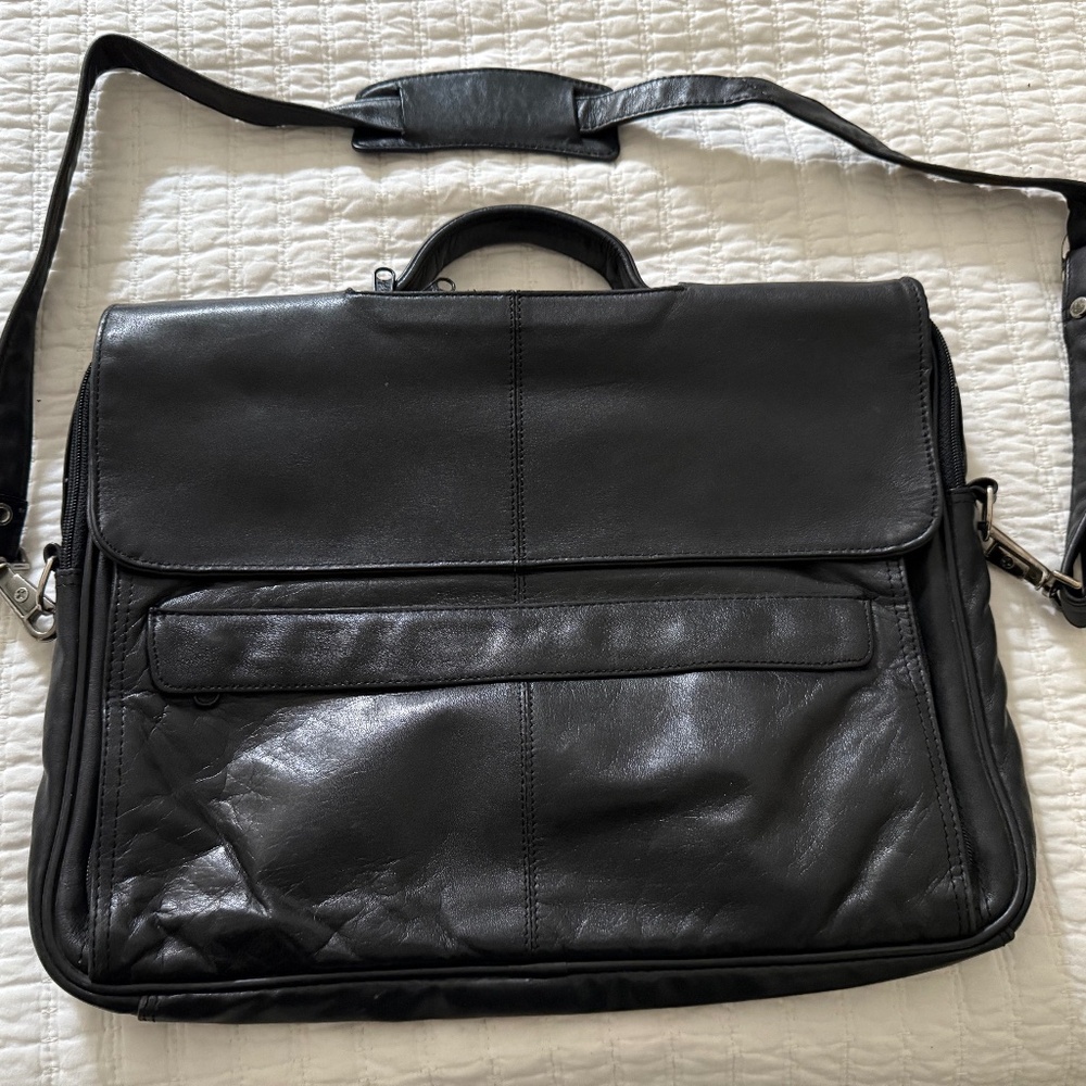 Black Leather Briefcase  with Removable Shoulder Strap